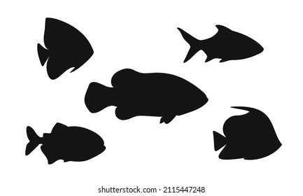 Conjunto de ilustración vectorial de silueta de pescado. Símbolo gráfico submarino de animales.