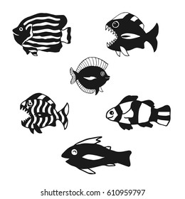 Set of fish silhouettes. Black contour isolated on white. Vector illustration based on hand drawn sketch. Great choice for book design, web pages, infographic, t-shirt and apparel design.