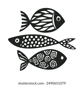 Set of fish silhouettes. Black and white vector illustration