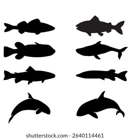 Set of fish silhouettes featuring various species in dynamic poses. Ideal for fishing, ocean life, and nautical designs. Perfect for logos, patterns, and marine-themed creative projects.

