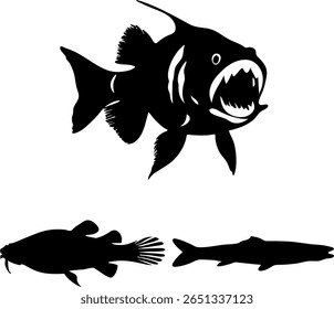 Um conjunto de silhuetas de peixe, incluindo uma piranha, bagre e enguia.