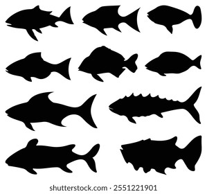 Set of fish silhouettes. isolated vector on white background.