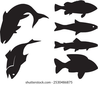 set of fish silhouettes. Set of the salmon silhouette in line art style. Black and white fish vector on white background. coloring book
