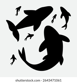Set of fish silhouettes in various sizes and poses, perfect for logos, aquarium themes, marine designs, and underwater illustrations.
