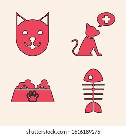 Set Fish skeleton, Cat, Veterinary clinic symbol and Pet food bowl for cat or dog icon. Vector