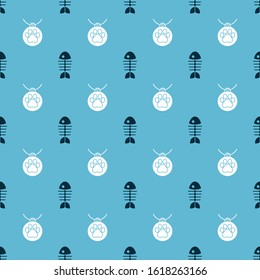 Set Fish skeleton and Collar with name tag on seamless pattern. Vector