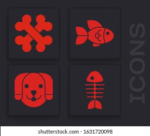 Set Fish skeleton, Crossed bones, Fish and Dog icon. Vector