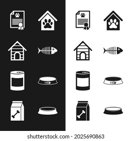 Set Fish skeleton, Dog house, Certificate for dog or cat, and paw print pet, Canned food and Pet bowl icon. Vector