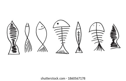 set of fish skeleton doodle isolated on white background.