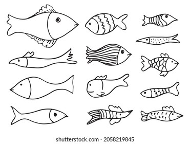 set of fish skeleton doodle isolated on white background.