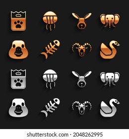 Set Fish skeleton, Elephant, Swan bird, Head of goat or ram, Goose, Rabbit head, Bag food and Jellyfish icon. Vector