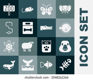 Set Fish skeleton, Goose bird, Puffer fish, Butterfly, Dog bone, Worm, Zoo park and Crocodile icon. Vector