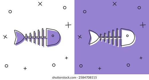 Set Fish skeleton icon isolated on white and purple background. Fish bone sign.  Vector