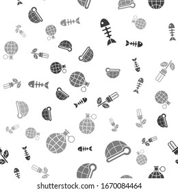Set Fish skeleton, Meteorology thermometer measuring, Light bulb with leaf and Planet earth and a recycling on seamless pattern. Vector