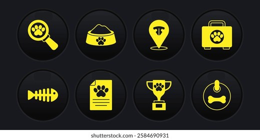 Set Fish skeleton, Pet first aid kit, Clinical record pet, award, Cat nose, food bowl, Dog collar and Veterinary clinic icon. Vector