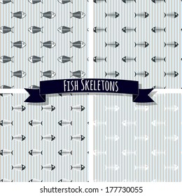 Set of fish skeleton seamless patterns on the background with stripes