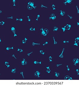 Set Fish skeleton, Spinning reel for fishing and Fishing net on seamless pattern. Vector