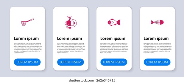 Set Fish skeleton, Spinning reel for fishing and Fishing net. Business infographic template. Vector