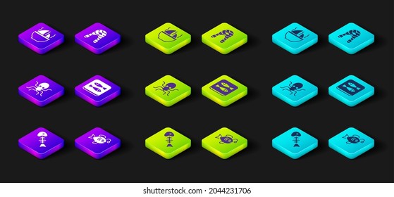 Set Fish skeleton, Tropical fish, Octopus, Canned, steak and Shark fin soup icon. Vector