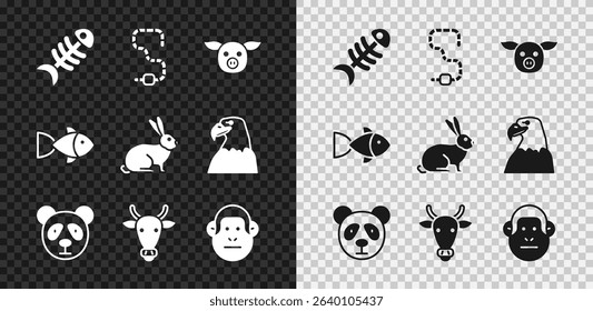 Set Fish skeleton, Worm, Pig, Cute panda face, Cow head, Monkey,  and Rabbit icon. Vector