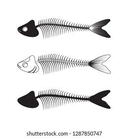 Set of Fish skeletons. Carved silhouette. Illustration of bone, anatomy, food and leftovers. Pet Food Icon, simple vector design.