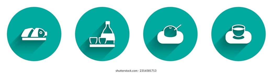 Pescado con trozos cortados, botella de sake, salsa de Mochi y soya en un icono del tazón con sombra larga. Vector