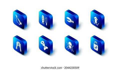 Set Fish with sliced pieces, Lobster or crab claw, Octopus, Sea cucumber in jar, tail, steak and Fishing harpoon icon. Vector