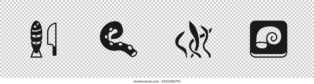 Set Icono de pez con trozos cortados, pulpo de tentáculo, algas y en plato. Vector