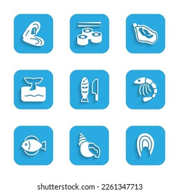 Set Fish with sliced pieces, Scallop sea shell, steak, Shrimp, Whale tail in ocean wave, Mussel and  icon. Vector