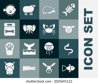 Set Fish, Snake, Pig, Hedgehog, Elephant, Dog bone, Puffer fish and Crab icon. Vector