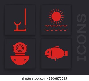 Set Fish, Snorkel, Sun and waves and Aqualung icon. Vector