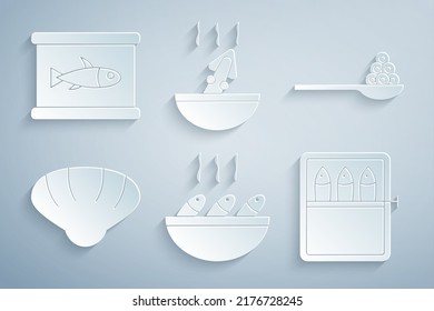 Set Fish soup, Caviar on a spoon, Scallop sea shell, Canned fish, Soup with octopus and  icon. Vector