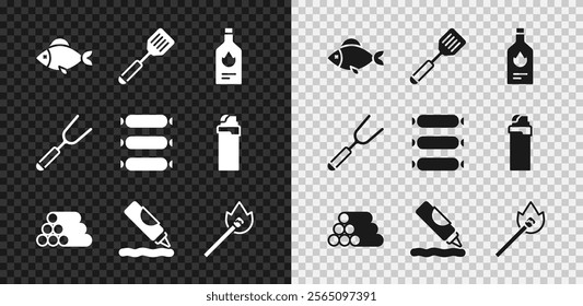 Set Fish, Spatula, Tabasco sauce, Wooden logs, Ketchup bottle, Burning match with fire, Barbecue fork and Sausage icon. Vector