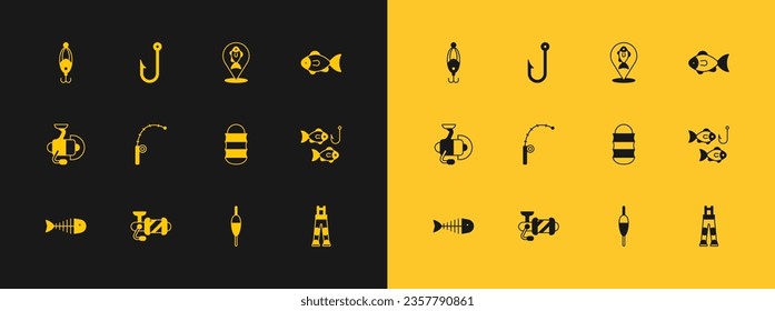 Fijar el icono Pescado, Rodillo giratorio para la pesca, Red de pesca, flote, varilla, ubicación, señuelo y gancho. Vector