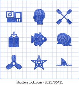 Set Fish, Starfish, Shark fin in ocean wave, Scallop sea shell, Boat propeller, turbine, Aqualung, Paddle and Action camera icon. Vector