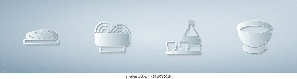 Set Fish steak, Asian noodles in bowl, Bottle of sake and Soy sauce. Paper art style. Vector