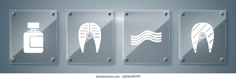 Pescado, raya de bacon, filete de pescado y botella de Sauce. Paneles de vidrio cuadrado. Vector