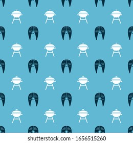 Set Fish steak and Barbecue grill on seamless pattern. Vector