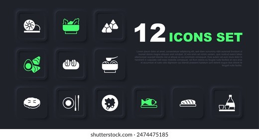 Set Fish steak, Bottle of sake, Sushi, Served fish on plate, Chicken egg with vegerables, Food chopsticks, Wonton and Rice in bowl icon. Vector