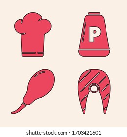 Set Fish steak, Chef hat, Pepper and Chicken leg icon. Vector