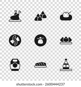 Set Fish steak, Dumpling, Bottle of sake, Wonton, Mochi, Roasted turkey or chicken, Zongzi bamboo steamer and Served cucumber plate icon. Vector