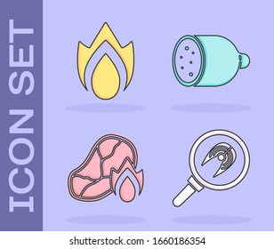 Ponga filete de pescado en sartén, llama al fuego, carne a la parrilla, llama al fuego y salami icono. Vector