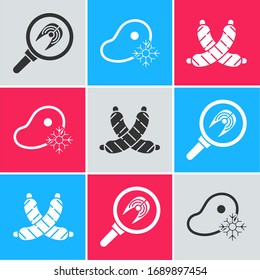Set Fish steak in frying pan, Fresh frozen steak meat and Crossed sausage icon. Vector