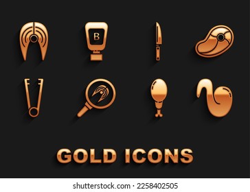 Set Fish steak in frying pan, Steak meat, Fried chicken wing, Chicken leg, Meat tongs, Knife,  and Sauce bottle icon. Vector