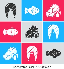 Pescado, carne de pescado a la parrilla y icono de la llama al fuego. Vector