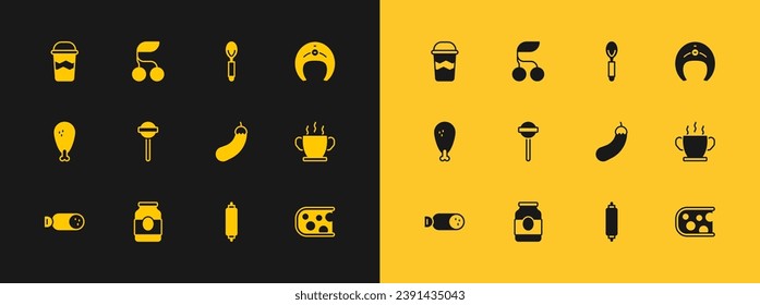 Set Fish steak, Jam jar, Eggplant, Rolling pin, Lollipop, Spoon, Coffee cup to go and Fresh berries icon. Vector
