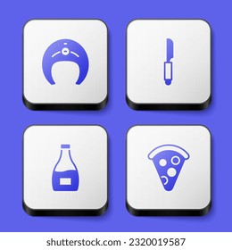 Set Fish steak, Knife, Sauce bottle and Slice of pizza icon. White square button. Vector