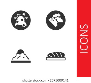 Set Fish steak, Kung Pao chicken, Rice in bowl and Dumpling icon. Vector