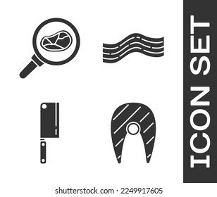 Set Fish steak, Steak meat in frying pan, Meat chopper and Bacon stripe icon. Vector