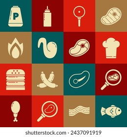 Set Fish, Steak meat in frying pan, Chef hat, Frying, Fried chicken wing, Fire flame, Pepper and  icon. Vector